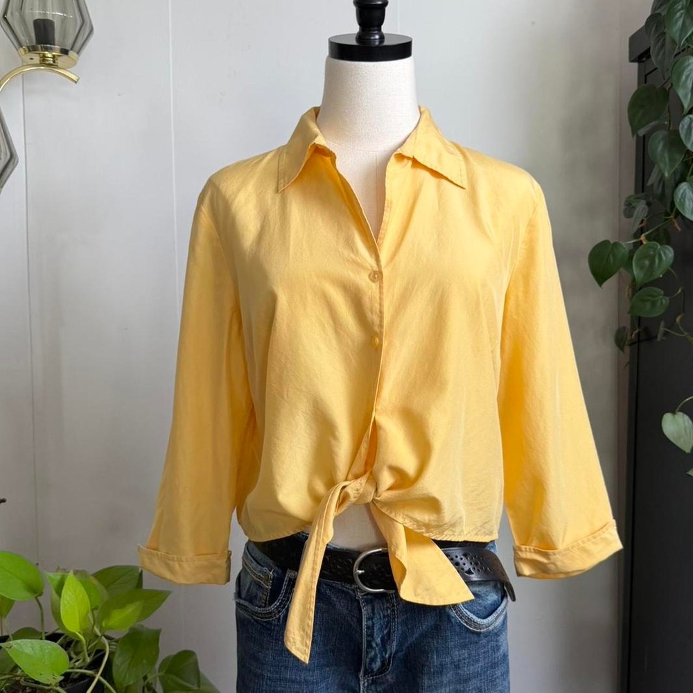 Vintage Allison Taylor Petite Yellow Silk Feel Tie Front Button Up Blouse Large